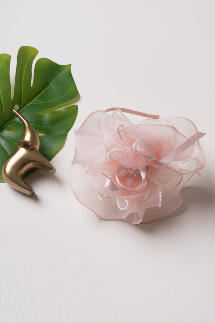 The Nesavu Hair Band Ethereal Blush Organza Floral Hair Accessory with Pearl Details Nesavu Pink JHB82C Romantic Blush Floral Hairband with Pearls | Organza Flower Hairpiece for Girls | The Nesavu