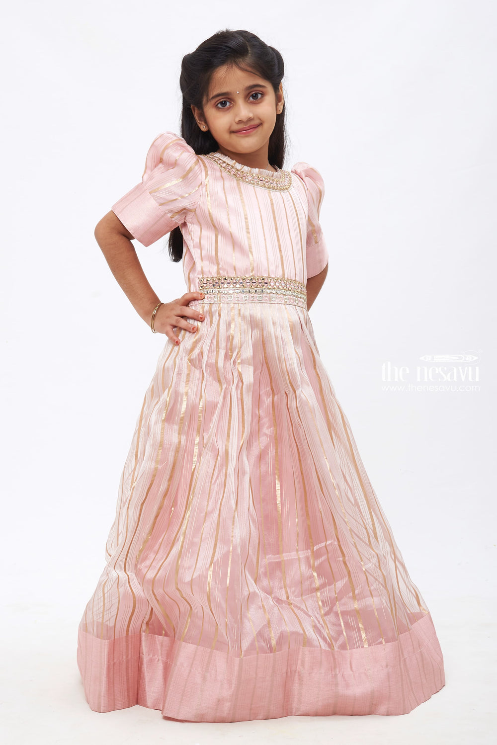 The Nesavu Girls Party Gown Ethereal Elegance: Pink Mirror Embroidered Anarkali Gown for Girls Nesavu Girls Anarkali Gowns | Traditional Elegance for Festive Moments | The Nesavu