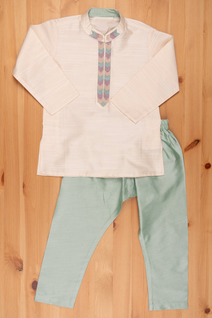 The Nesavu Boys Kurtha Set Ethereal Ensemble Cream Kurta & Aqua Pant with Exquisite Threadwork - Silk Elegance for Boys Nesavu 14 (6M) / Cream / Dupioni Silk BES319C-14 Latest Boys Kurta Collection | Designer Boys Ethnic Outfit | The Nesavu