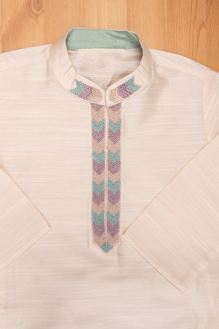 The Nesavu Boys Kurtha Set Ethereal Ensemble Cream Kurta & Aqua Pant with Exquisite Threadwork - Silk Elegance for Boys Nesavu Latest Boys Kurta Collection | Designer Boys Ethnic Outfit | The Nesavu