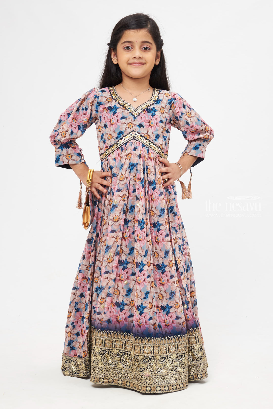 The Nesavu Girls Party Gown Ethereal Floral Diwali Anarkali Gown with Exquisite Sequin Embellishments for Girls Nesavu 16 (1Y) / Pink / Organza Printed GA173A-16 Pastel Floral Designer Anarkali Gown | Diwali Special Girls Festive Collection | The Nesavu