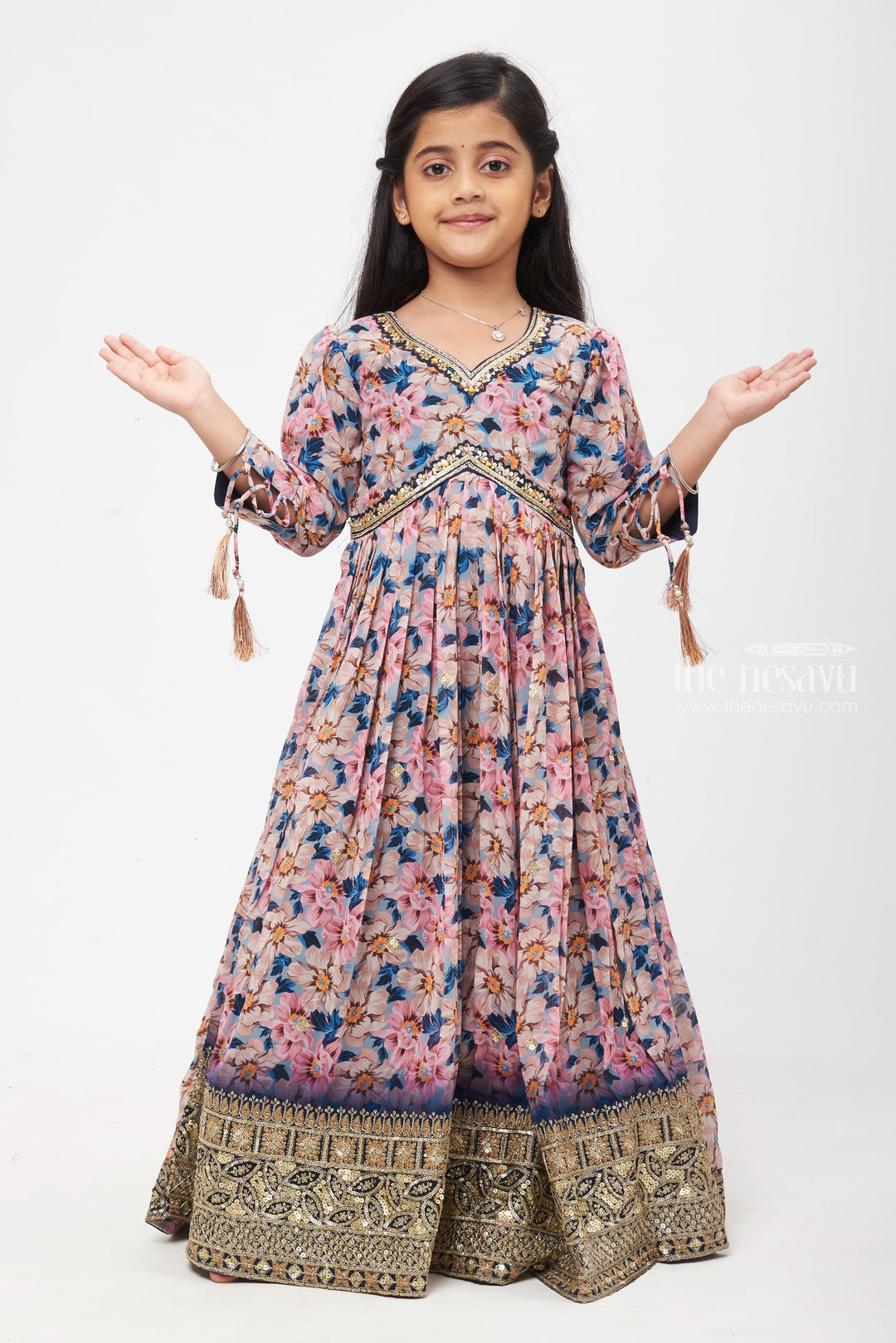 The Nesavu Girls Party Gown Ethereal Floral Diwali Anarkali Gown with Exquisite Sequin Embellishments for Girls Nesavu Pastel Floral Designer Anarkali Gown | Diwali Special Girls Festive Collection | The Nesavu