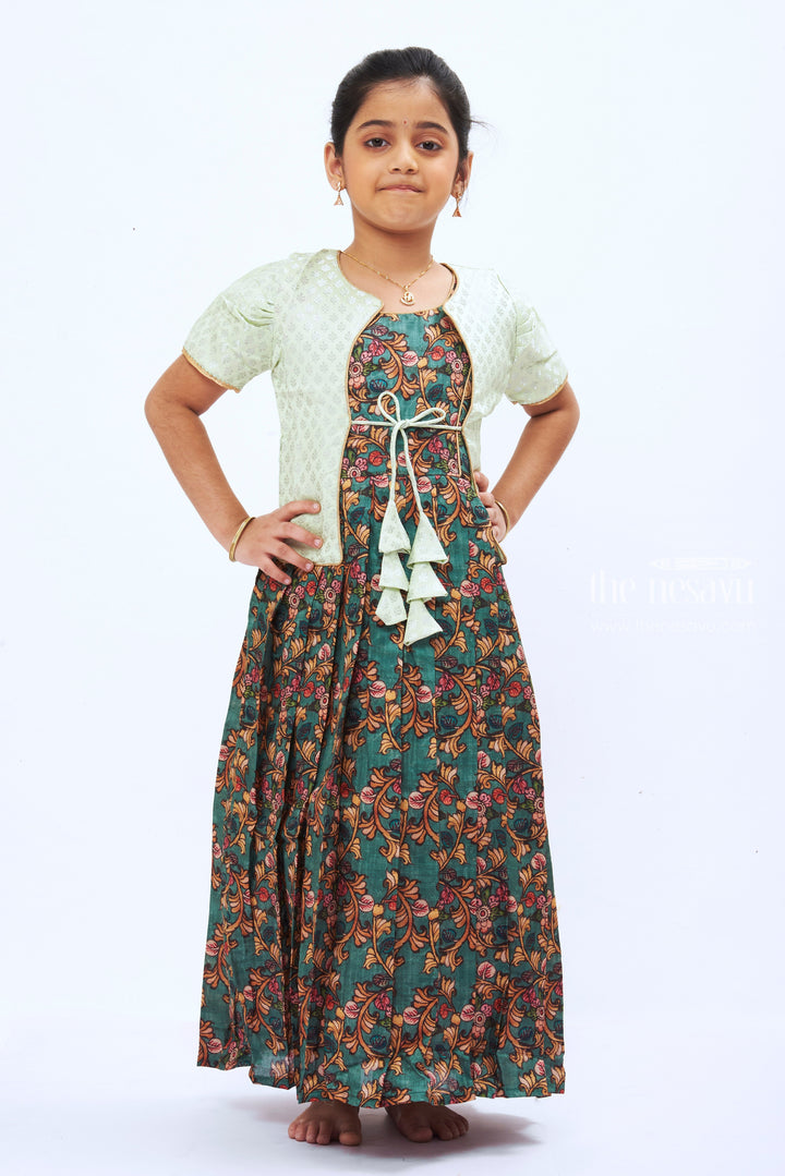 The Nesavu Girls Silk Gown Ethereal Paisley: Children's Floral Brocade Jacket & Anarkali Gown Ensemble Nesavu 16 (1Y) / Green / Silk Blend GA179A-16 Celebrating Craftsmanship: Anarkali Dresses Adorned with Overcoats | The Nesavu