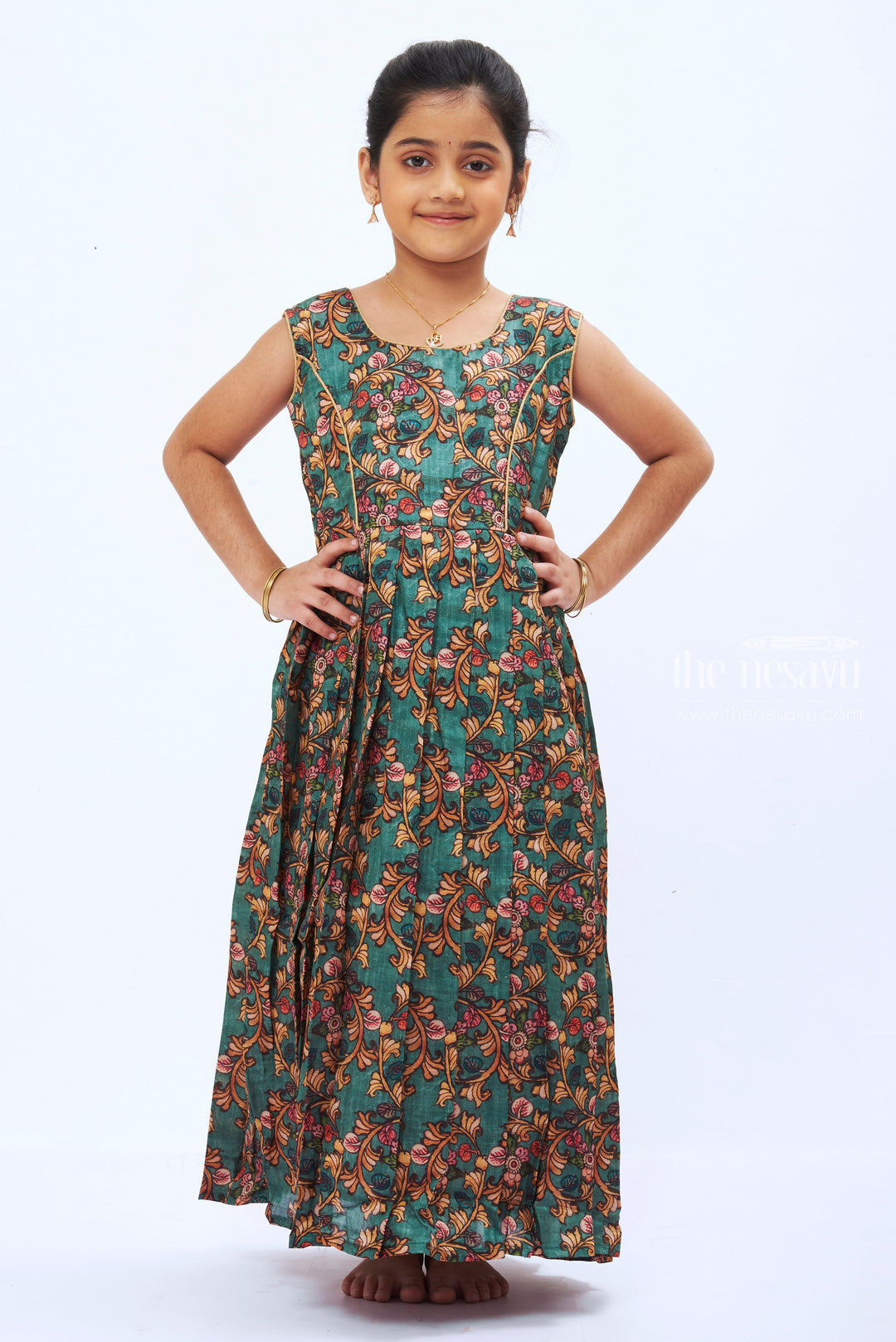 The Nesavu Girls Silk Gown Ethereal Paisley: Children's Floral Brocade Jacket & Anarkali Gown Ensemble Nesavu Celebrating Craftsmanship: Anarkali Dresses Adorned with Overcoats | The Nesavu