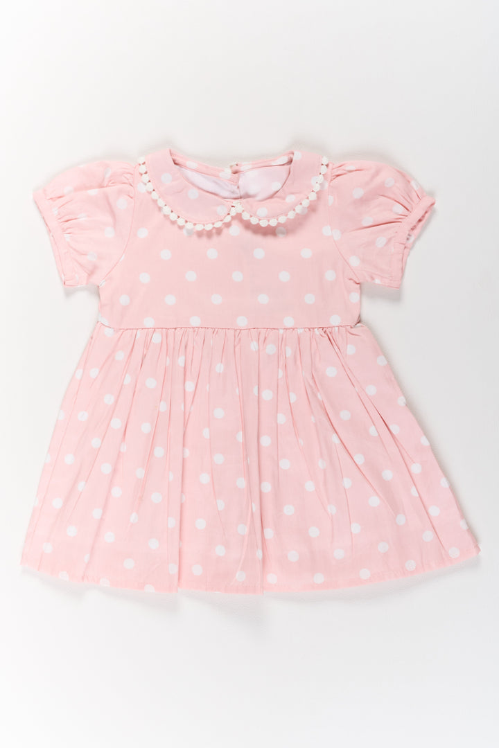 The Nesavu Girls Cotton Frock Ethnic Attire for Girls in Pink Polka Dot Print with Lace Collar and Puff Sleeves Nesavu 10 (NB) / Pink GFC1584B-10 Nesavu Ethnic Pink Polka Dot Dress Girls Lace Collar Puff Sleeves