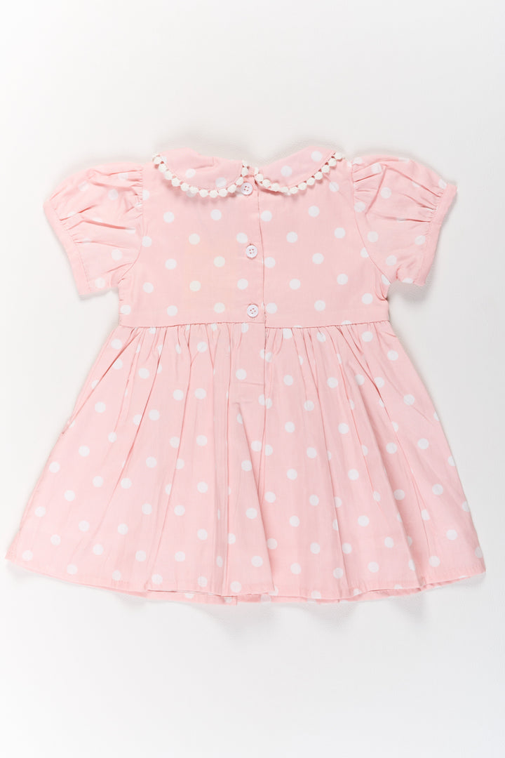The Nesavu Girls Cotton Frock Ethnic Attire for Girls in Pink Polka Dot Print with Lace Collar and Puff Sleeves Nesavu Nesavu Ethnic Pink Polka Dot Dress Girls Lace Collar Puff Sleeves