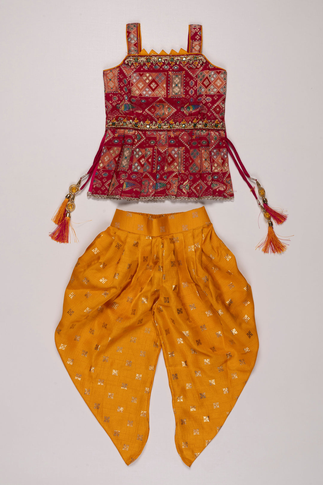 The Nesavu Girls Dothi Sets Ethnic Bandhani Print Kurti with Vibrant Yellow Dhoti Pant Set for Girls Nesavu 16 (1Y) / Maroon GPS274A-16 Girls Bandhani Kurti with Yellow Dhoti | Festive Indian Ethnic Wear | The Nesavu