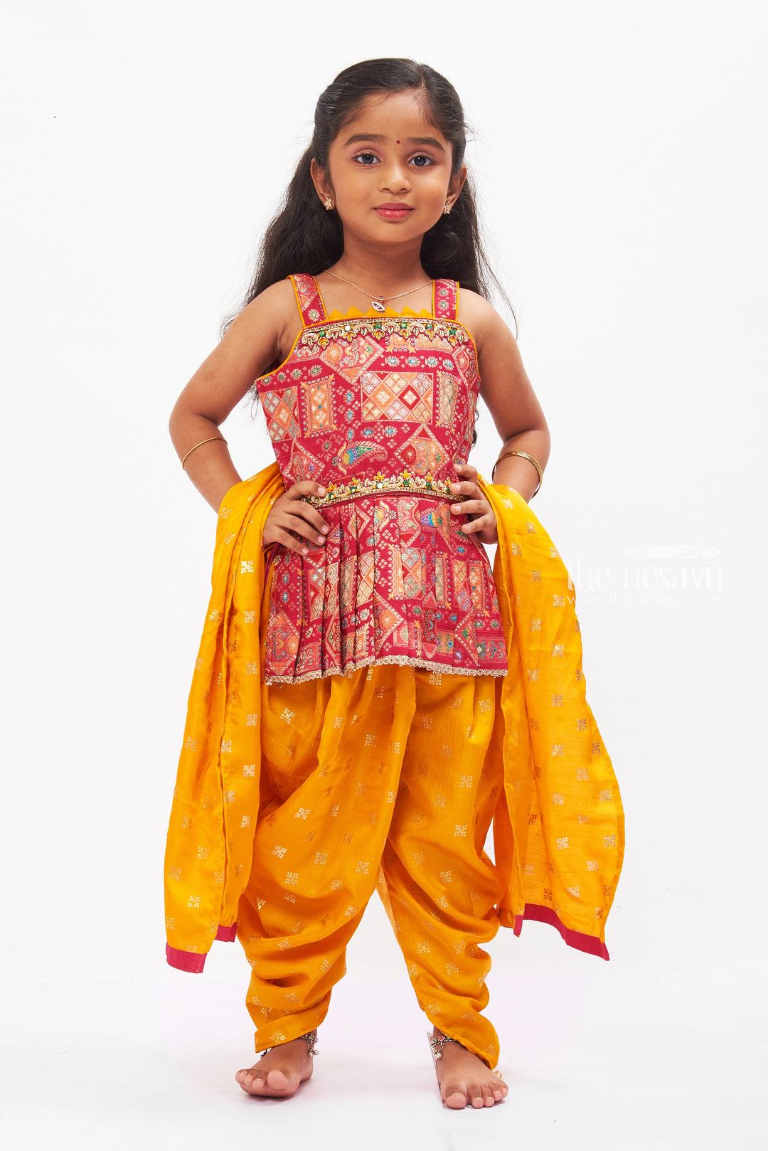 The Nesavu Girls Dothi Sets Ethnic Bandhani Print Kurti with Vibrant Yellow Dhoti Pant Set for Girls Nesavu 16 (1Y) / Maroon GPS274A-16 Girls Bandhani Kurti with Yellow Dhoti | Festive Indian Ethnic Wear | The Nesavu