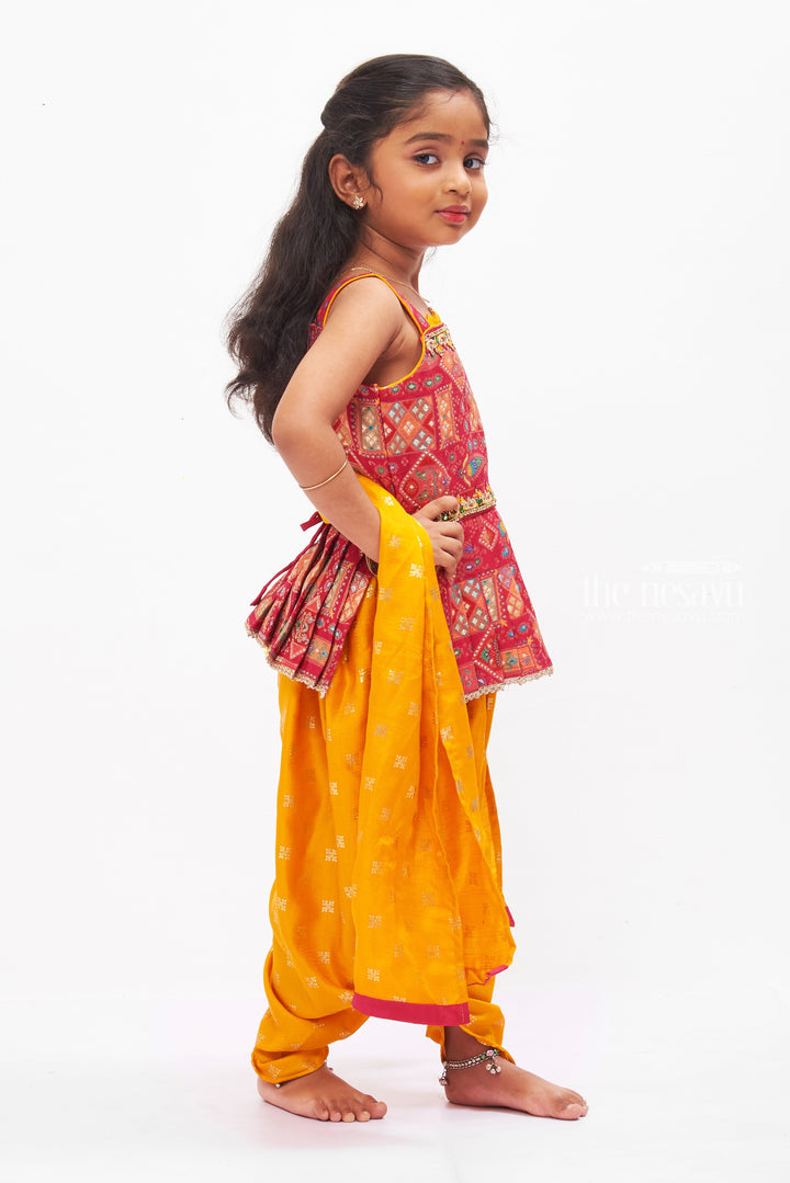 The Nesavu Girls Dothi Sets Ethnic Bandhani Print Kurti with Vibrant Yellow Dhoti Pant Set for Girls Nesavu Girls Bandhani Kurti with Yellow Dhoti | Festive Indian Ethnic Wear | The Nesavu