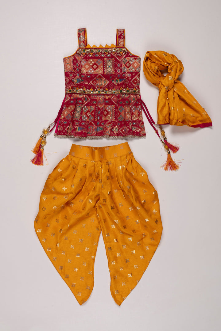 The Nesavu Girls Dothi Sets Ethnic Bandhani Print Kurti with Vibrant Yellow Dhoti Pant Set for Girls Nesavu Girls Bandhani Kurti with Yellow Dhoti | Festive Indian Ethnic Wear | The Nesavu