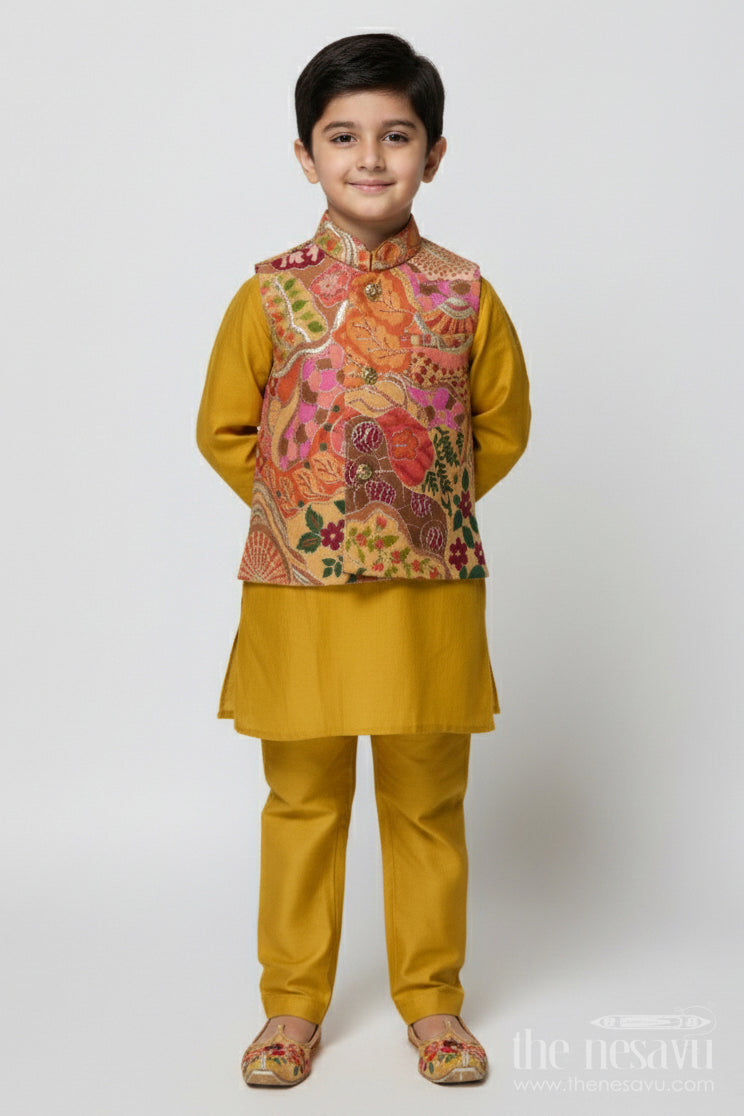 The Nesavu Boys Jacket Sets Ethnic Boys Jacket Kurta Set for Festive and Wedding Occasions Nesavu 14 (6M) / Yellow BES828C-14 Nesavu boys ethnic jacket set designer kurta Nehru jacket weddings Diwali