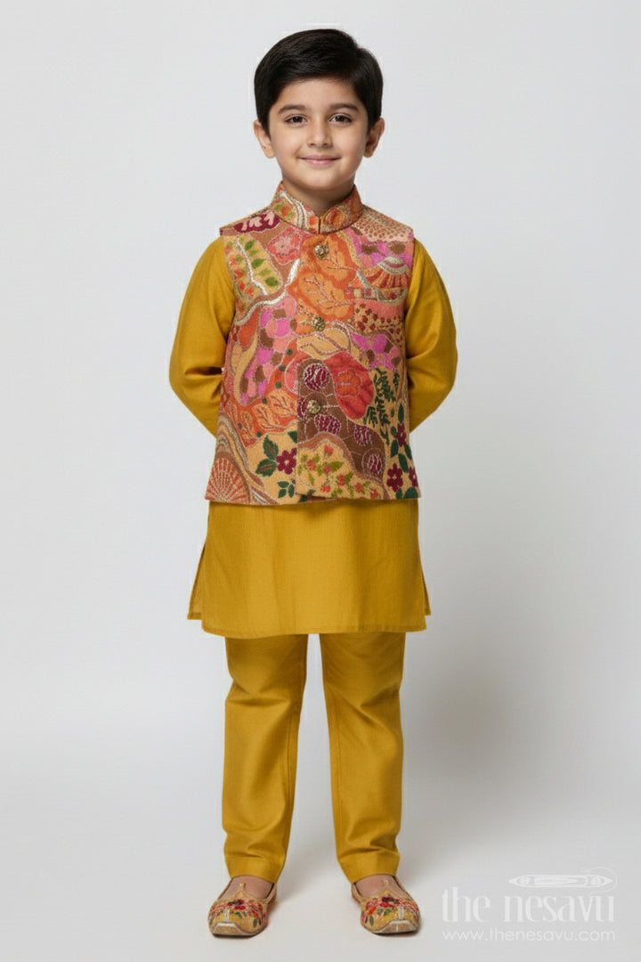 The Nesavu Boys Jacket Sets Ethnic Boys Jacket Kurta Set for Festive and Wedding Occasions Nesavu 14 (6M) / Yellow BES828C-14 Nesavu boys ethnic jacket set designer kurta Nehru jacket weddings Diwali