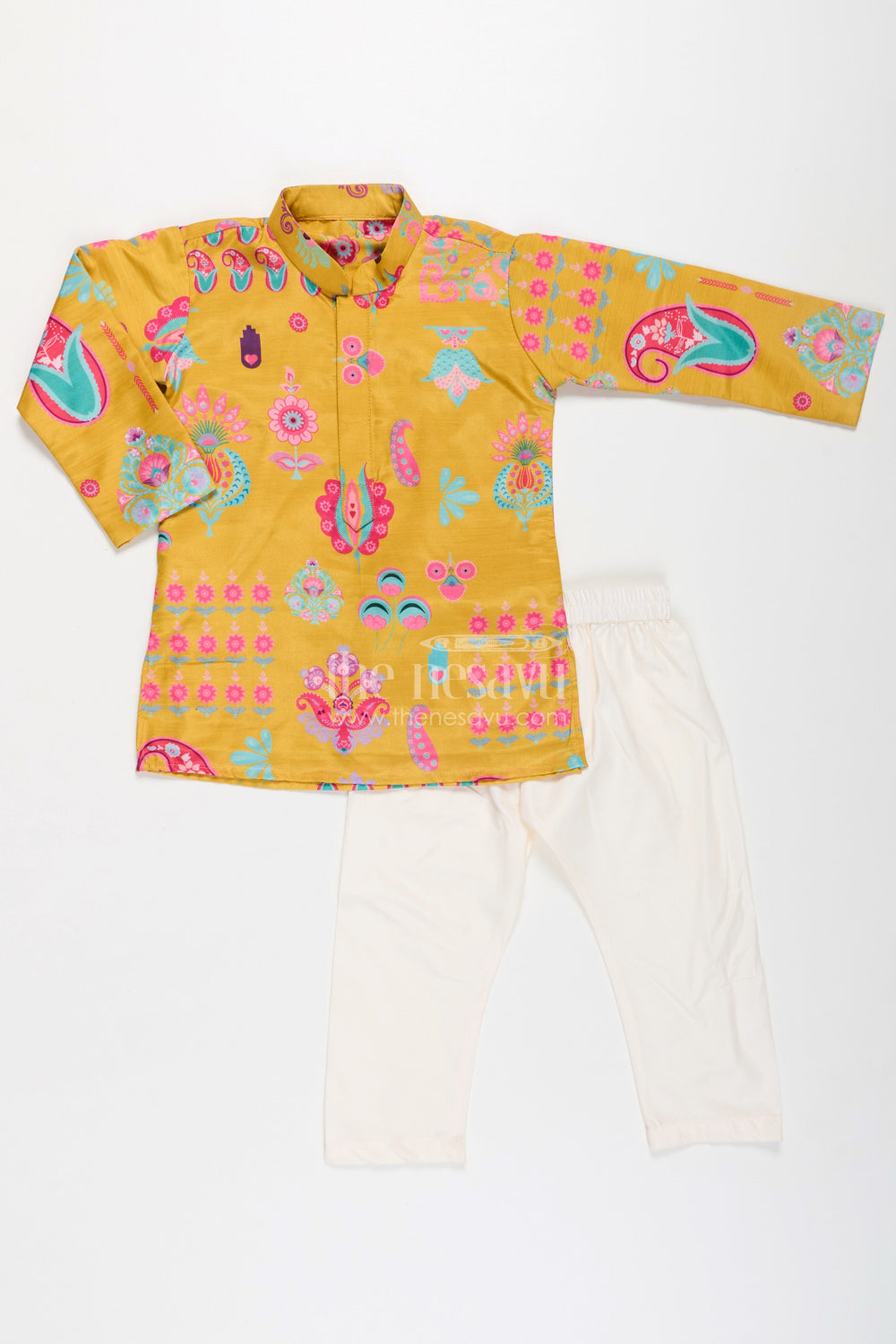 The Nesavu Boys Kurtha Set Ethnic Boys Kurta Set in Muslin Silk with Vibrant Traditional Prints Nesavu Ethnic Kurta Set Boys Muslin Silk Mustard Yellow Traditional Outfit | The Nesavu