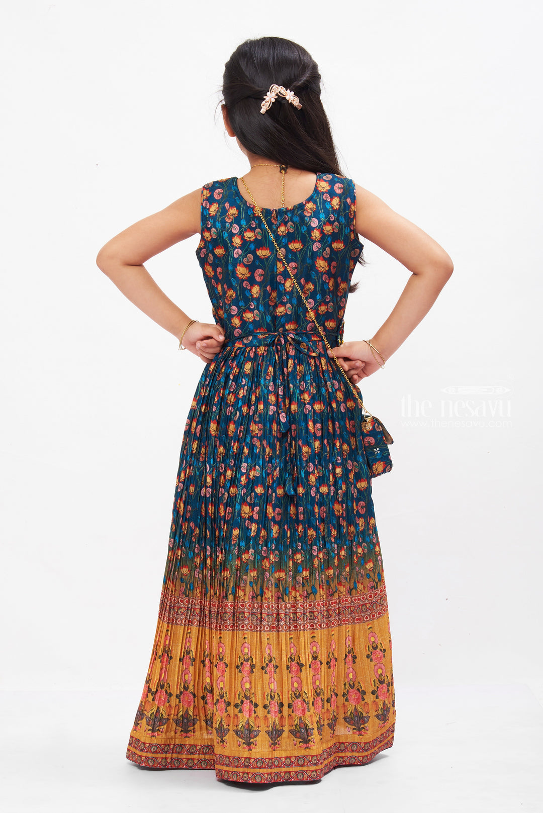 The Nesavu Girls Party Gown Ethnic Floral Fusion Anarkali Dress: Girls Boho-Chic Navy and Mustard Delight Nesavu Girls Navy & Mustard Anarkali Dress | Floral Bohemian Style | The Nesavu