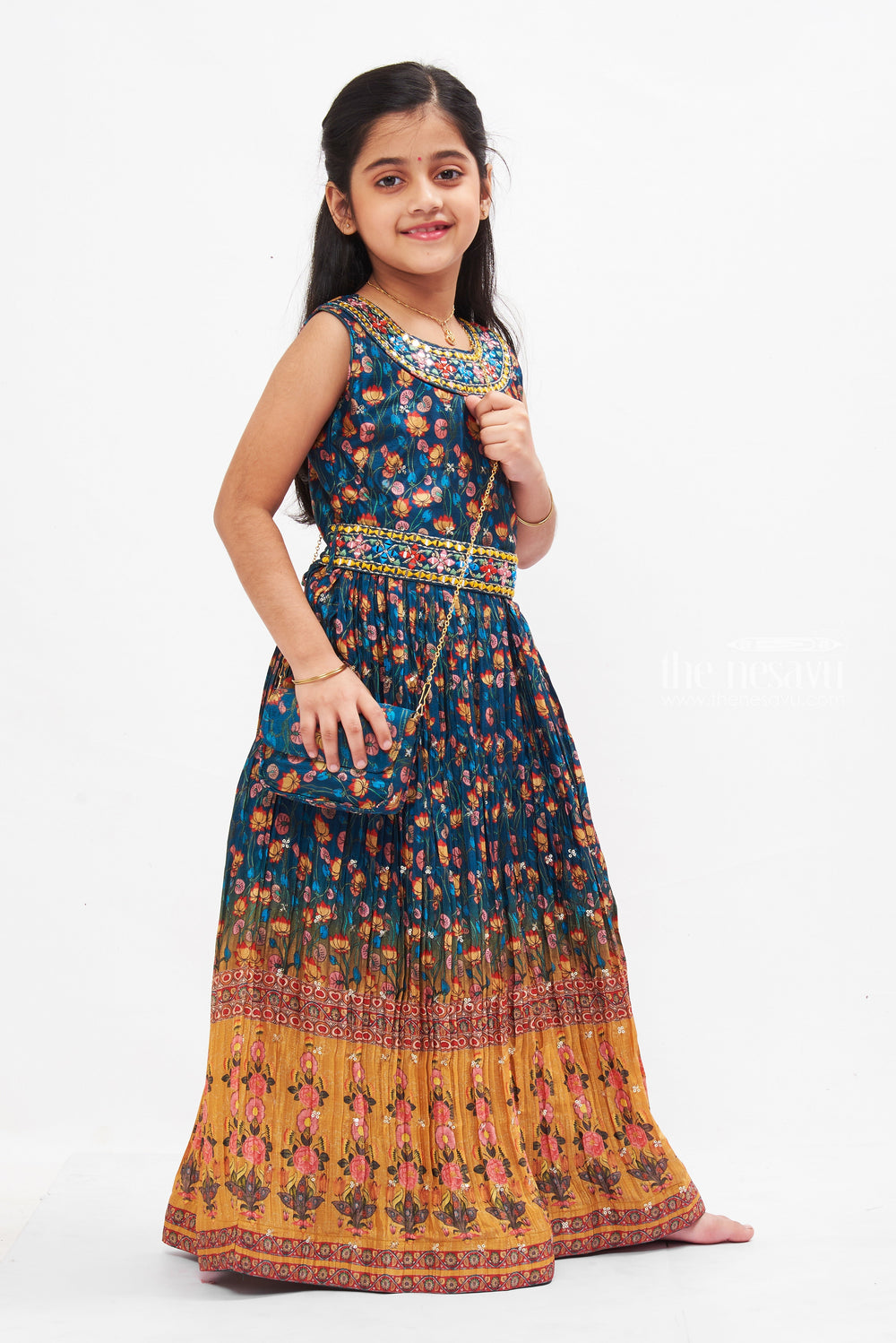 The Nesavu Girls Party Gown Ethnic Floral Fusion Anarkali Dress: Girls Boho-Chic Navy and Mustard Delight Nesavu Girls Navy & Mustard Anarkali Dress | Floral Bohemian Style | The Nesavu