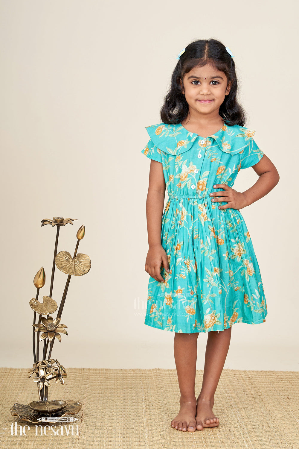 Nesavu Cotton Ethnic Toddler Dress Traditional Floral Motifs Comfortable  Green Fabric  The Nesavu