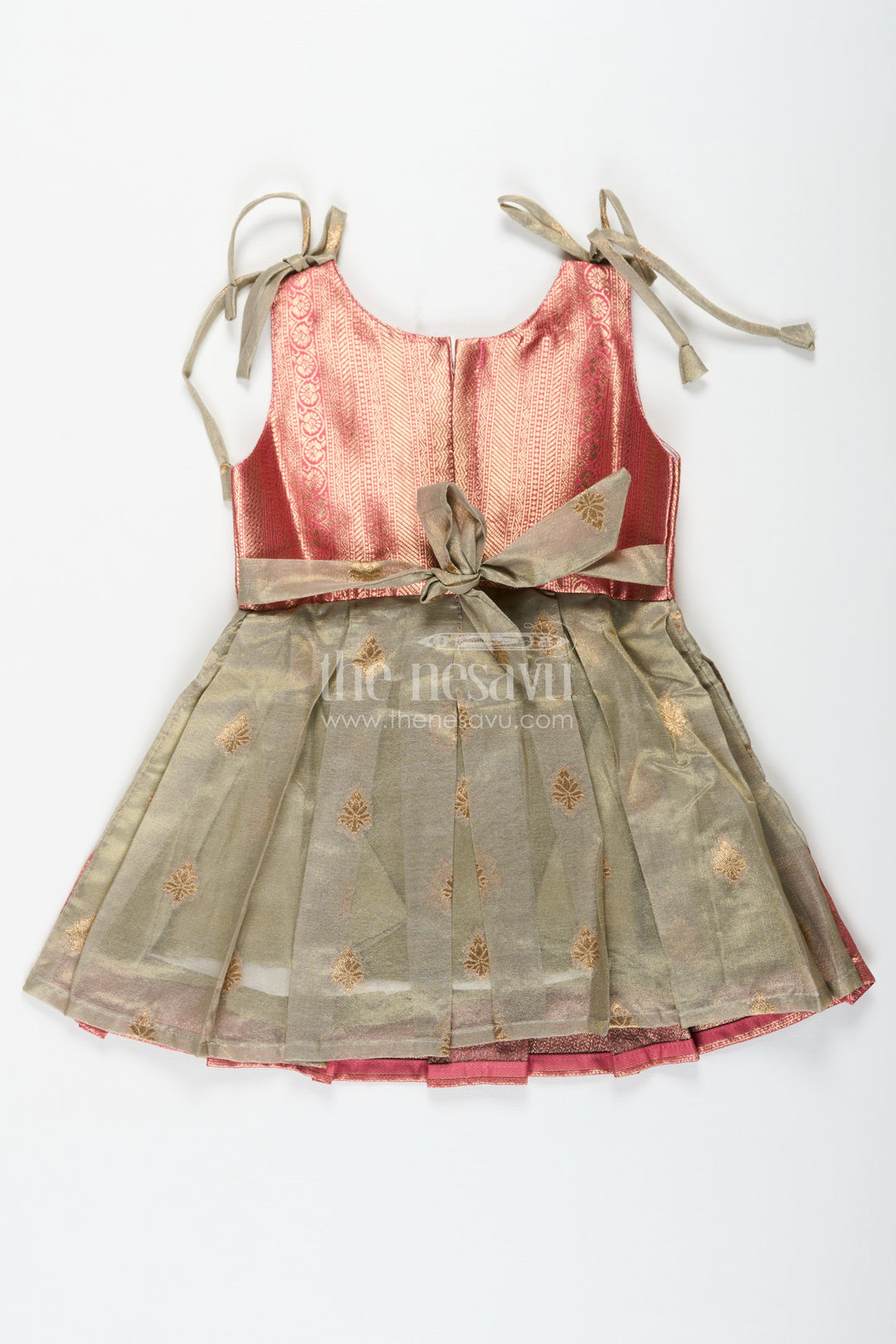 The Nesavu Silk Frock Ethnic Frock for Baby Girls in Banarasi Jacquard Gold Tissue Silk with Traditional Pleated Design Nesavu Nesavu Ethnic Frock for Baby Girls in Banarasi Jacquard Tissue Silk with Gold Zari Pleated Design