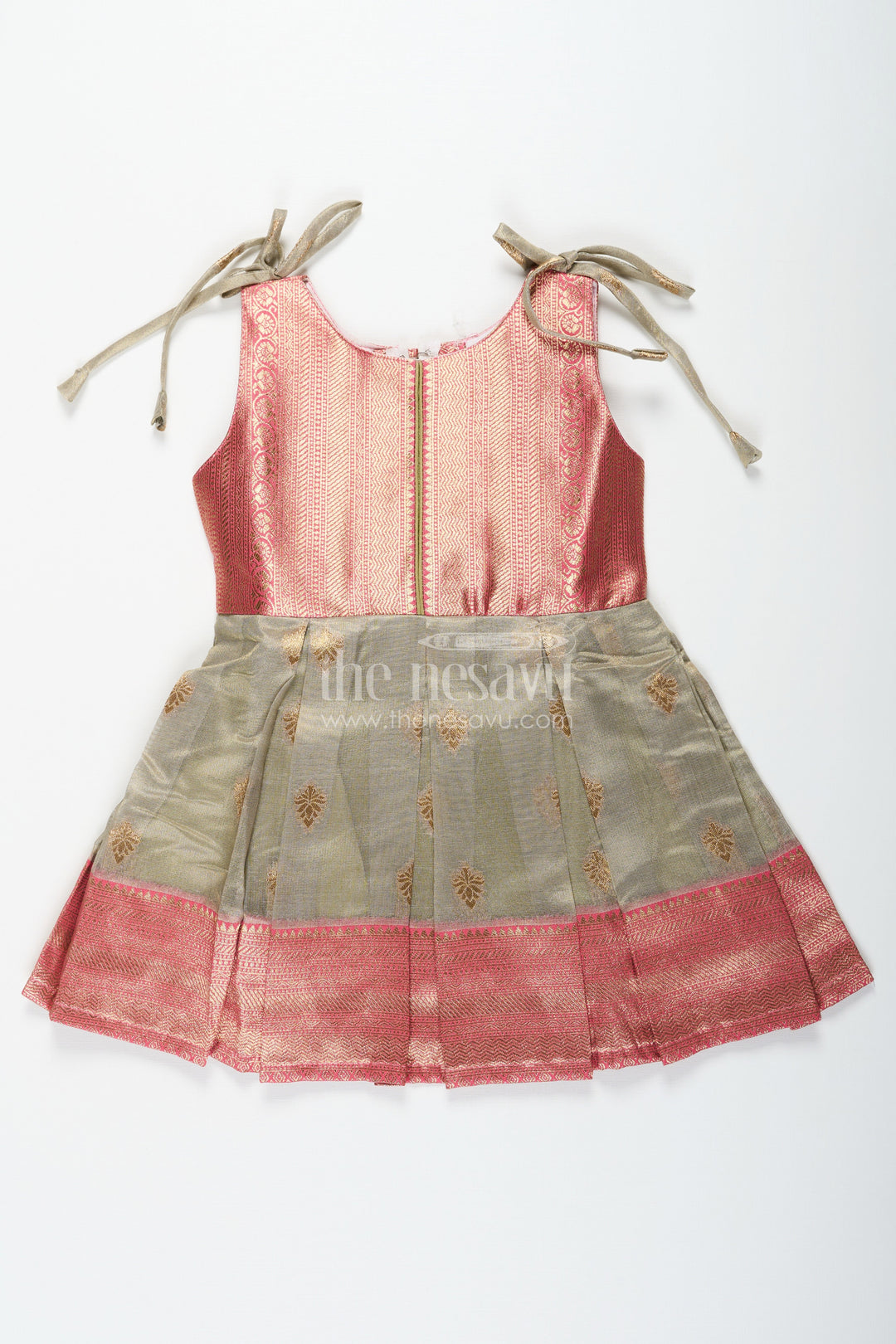 The Nesavu Silk Frock Ethnic Frock for Baby Girls in Banarasi Jacquard Gold Tissue Silk with Traditional Pleated Design Nesavu Nesavu Ethnic Frock for Baby Girls in Banarasi Jacquard Tissue Silk with Gold Zari Pleated Design
