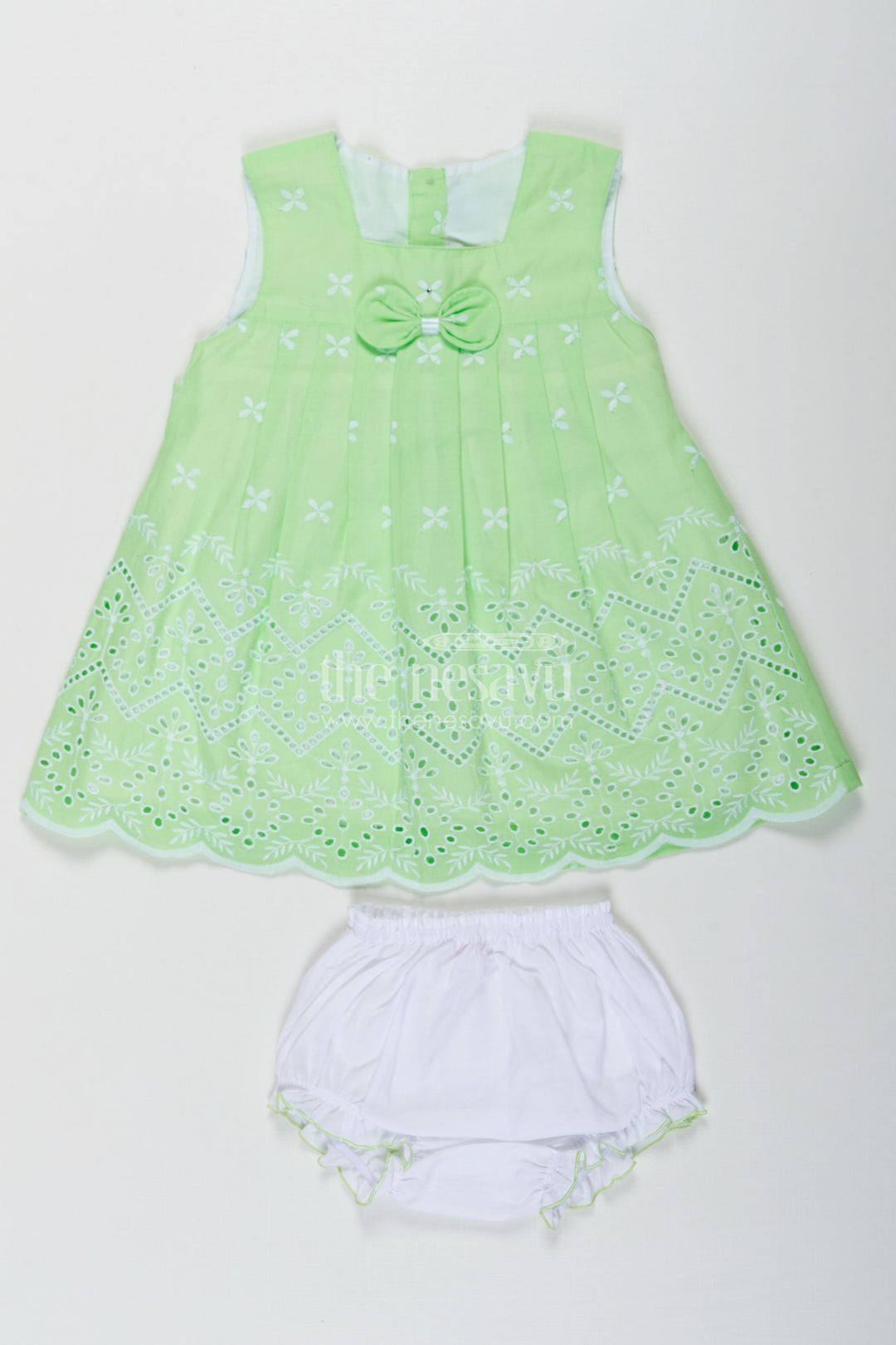 The Nesavu Baby Cotton Frocks Ethnic Frock for Baby Girls in Green Cotton Hakoba Embroidery with Classic White Bloomers Nesavu 10 (NB) / Green BFJ788C-10 Nesavu Ethnic Frock Baby Girls Green Cotton Hakoba Embroidery White Bloomers
