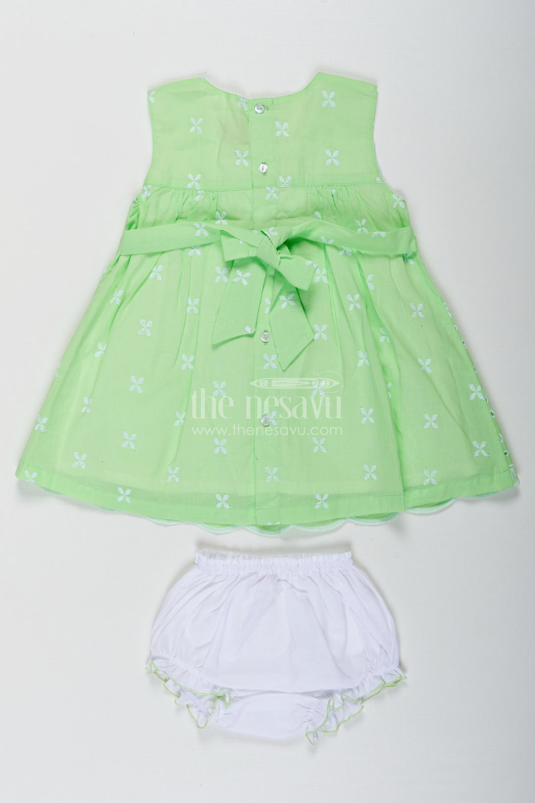 The Nesavu Baby Cotton Frocks Ethnic Frock for Baby Girls in Green Cotton Hakoba Embroidery with Classic White Bloomers Nesavu Nesavu Ethnic Frock Baby Girls Green Cotton Hakoba Embroidery White Bloomers