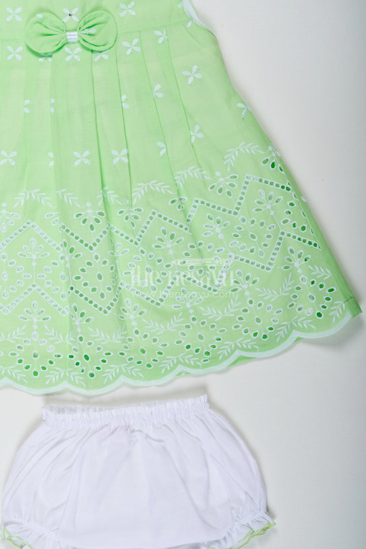The Nesavu Baby Cotton Frocks Ethnic Frock for Baby Girls in Green Cotton Hakoba Embroidery with Classic White Bloomers Nesavu Nesavu Ethnic Frock Baby Girls Green Cotton Hakoba Embroidery White Bloomers