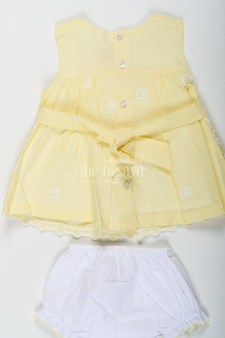 The Nesavu Baby Cotton Frocks Ethnic Frock Suit for Baby Girls in Lemon Yellow Cotton with White Hakoba Embroidery Nesavu Nesavu Ethnic Frock Suit Baby Girls Yellow Cotton White Hakoba Embroidery