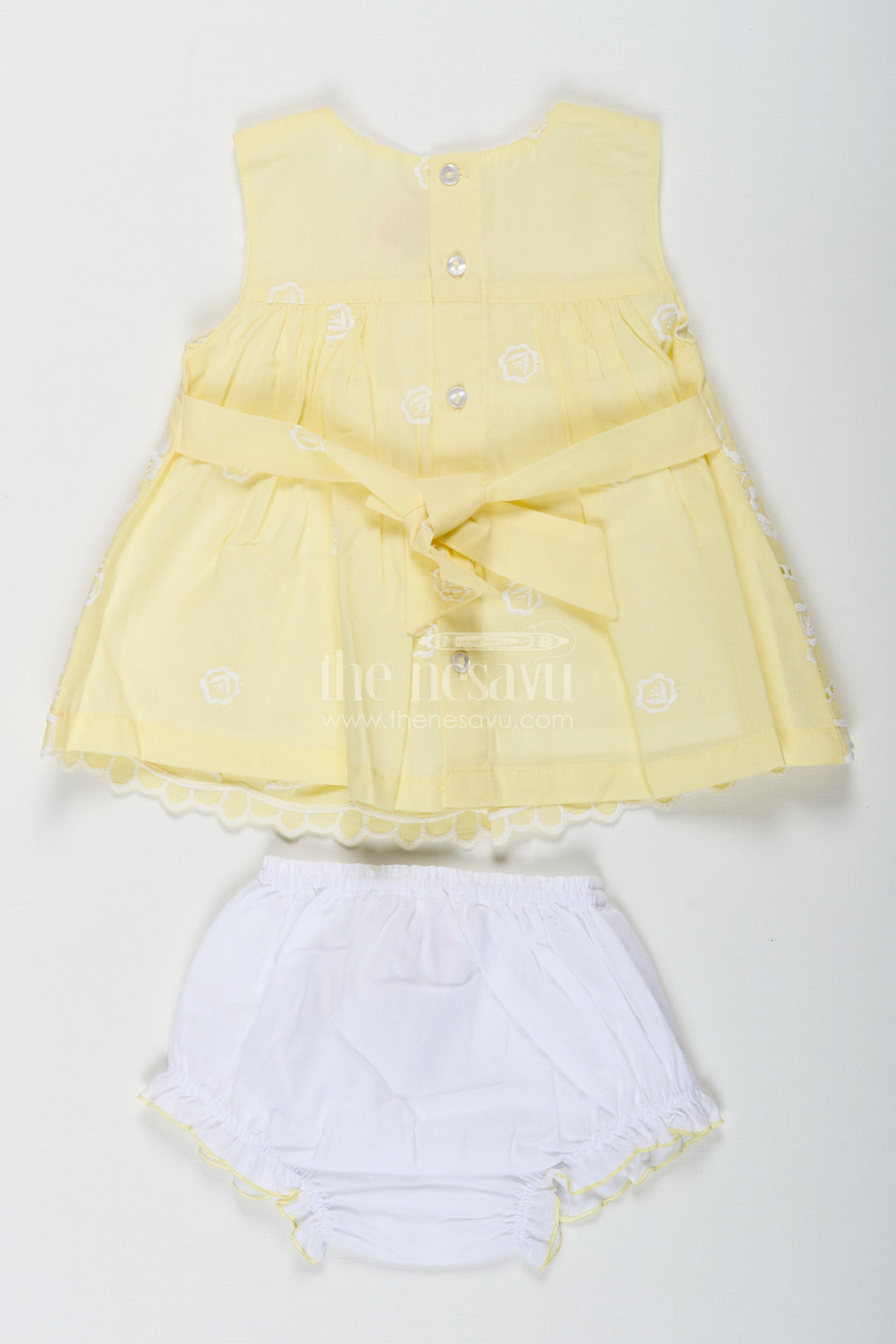 The Nesavu Baby Cotton Frocks Ethnic Frock Suit for Baby Girls in Lemon Yellow Cotton with White Hakoba Embroidery Nesavu Nesavu Ethnic Frock Suit Baby Girls Yellow Cotton White Hakoba Embroidery