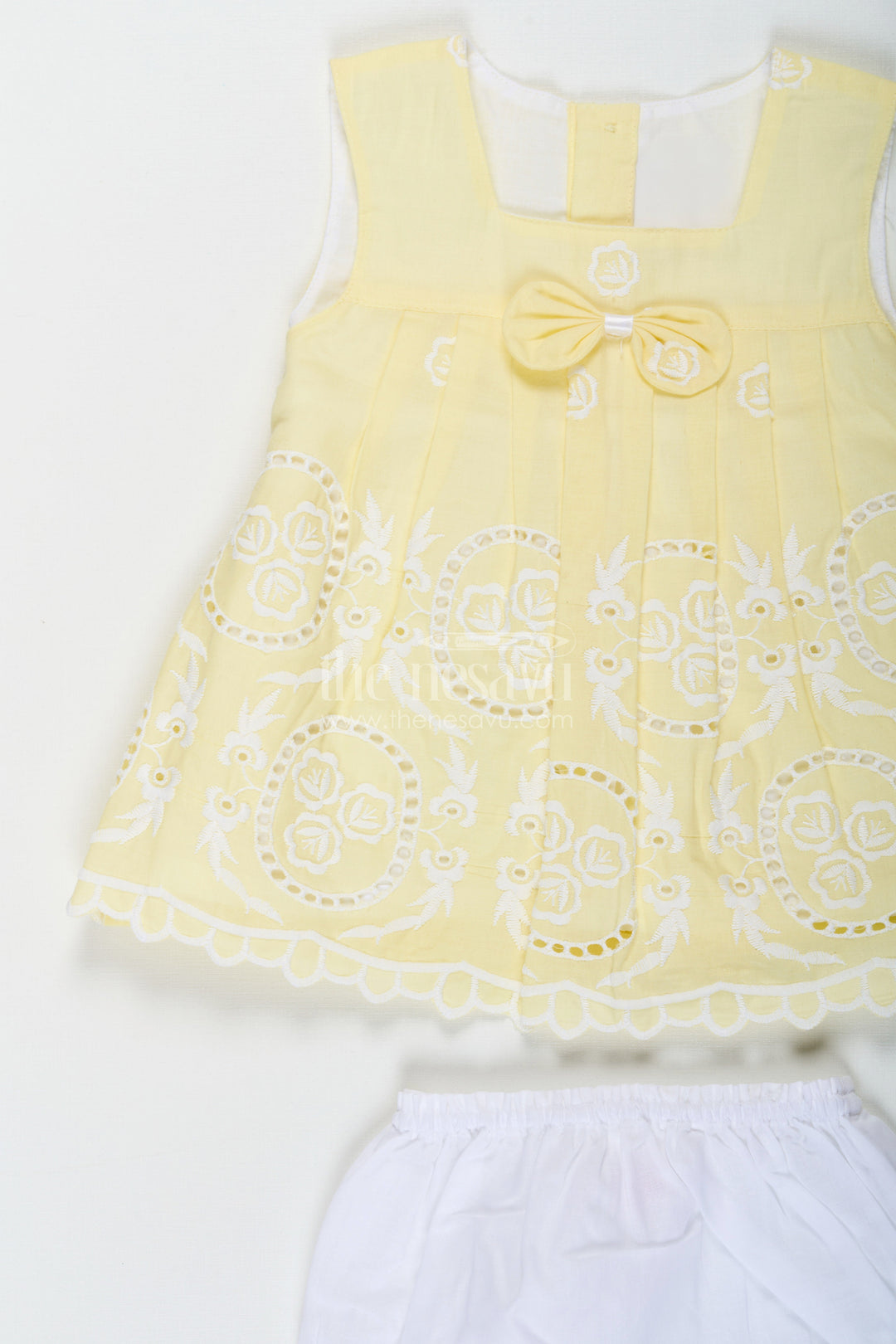 The Nesavu Baby Cotton Frocks Ethnic Frock Suit for Baby Girls in Lemon Yellow Cotton with White Hakoba Embroidery Nesavu Nesavu Ethnic Frock Suit Baby Girls Yellow Cotton White Hakoba Embroidery