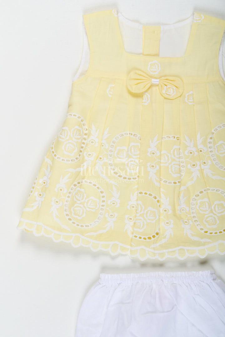 The Nesavu Baby Cotton Frocks Ethnic Frock Suit for Baby Girls in Lemon Yellow Cotton with White Hakoba Embroidery Nesavu Nesavu Ethnic Frock Suit Baby Girls Yellow Cotton White Hakoba Embroidery