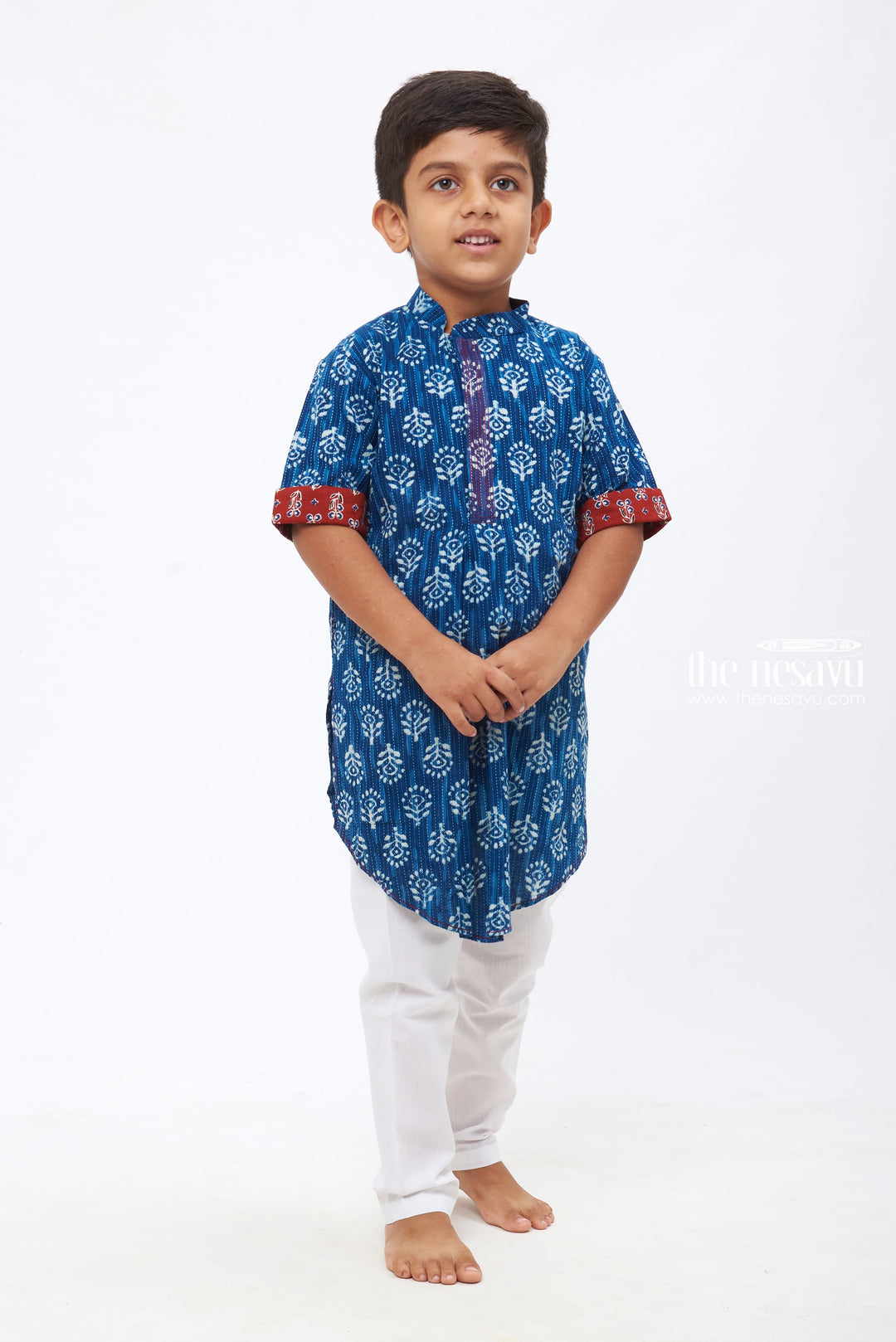 The Nesavu Boys Kurtha Set Ethnic Ikat Print Blue Shirt with Traditional Accents & White Pants - Kids Kurta Trousers Combo for Festive Wear Nesavu 14 (6M) / Blue / Cotton BES451A-14 Dashing Boys Kurta Sets | Festive and Traditional | The Nesavu