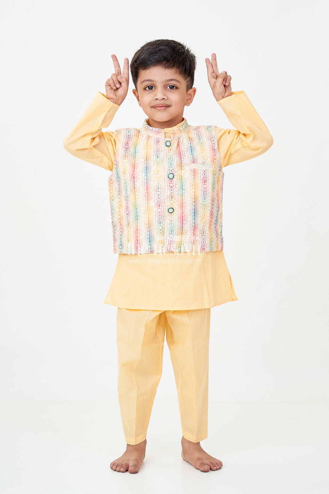 The Nesavu Boys Jacket Sets Ethnic Jacket and Kurta Set for Boys in Yellow Cotton with Multicolor Sequence Embellished Jacket Nesavu 12 (3M) / Gold BES702A-12 Nesavu Ethnic Jacket Kurta Set Boys Yellow Multicolor Digital Print Sequin Embellishments