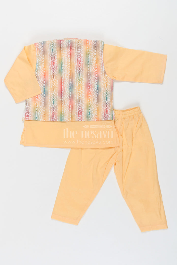 The Nesavu Boys Jacket Sets Ethnic Jacket and Kurta Set for Boys in Yellow Cotton with Multicolor Sequence Embellished Jacket Nesavu Nesavu Ethnic Jacket Kurta Set Boys Yellow Multicolor Digital Print Sequin Embellishments