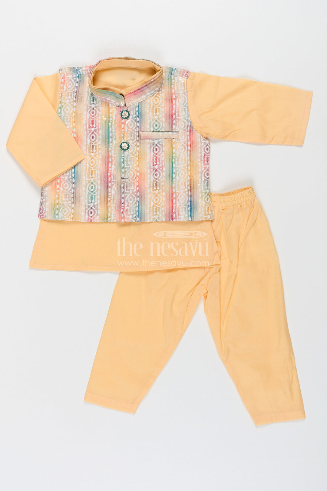 The Nesavu Boys Jacket Sets Ethnic Jacket and Kurta Set for Boys in Yellow Cotton with Multicolor Sequence Embellished Jacket Nesavu Nesavu Ethnic Jacket Kurta Set Boys Yellow Multicolor Digital Print Sequin Embellishments