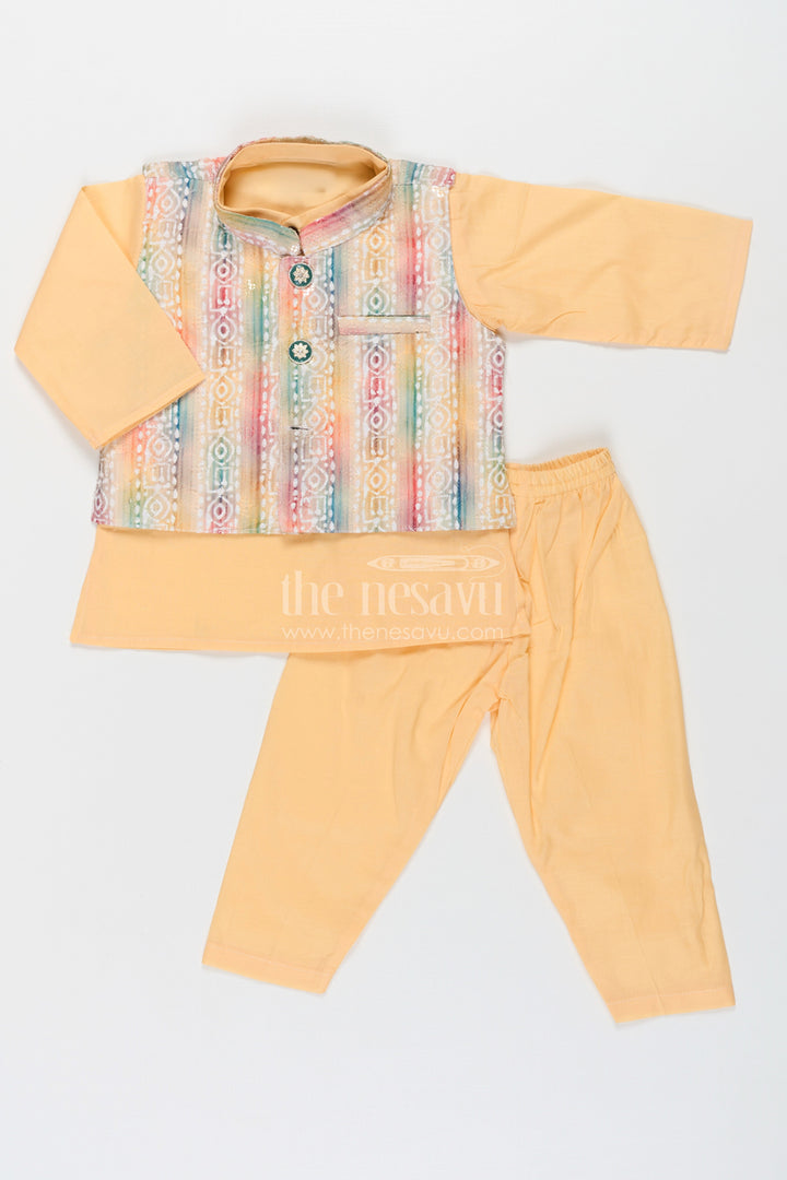 The Nesavu Boys Jacket Sets Ethnic Jacket and Kurta Set for Boys in Yellow Cotton with Multicolor Sequence Embellished Jacket Nesavu Nesavu Ethnic Jacket Kurta Set Boys Yellow Multicolor Digital Print Sequin Embellishments
