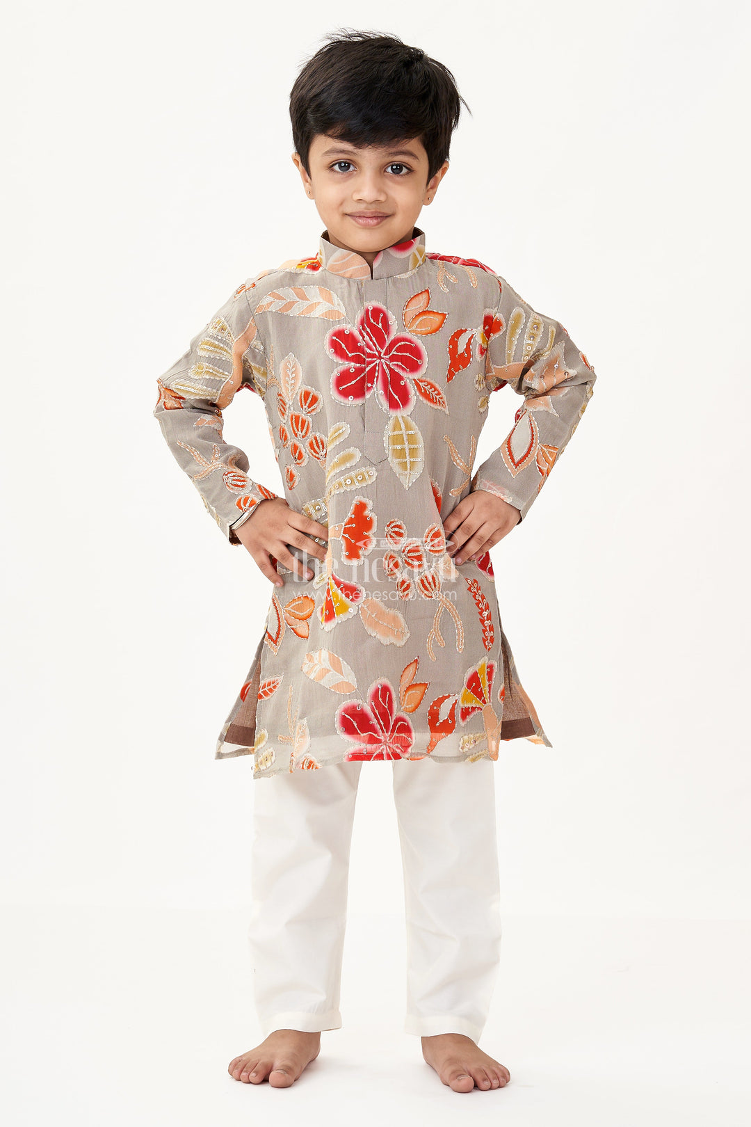 The Nesavu Boys Kurtha Set Ethnic Kurta Set for Boys with Floral Viscose Silk Digital Print and Sequin Embellishment Nesavu 16 (1Y) / Yellow BES691B-16 Nesavu Boys Ethnic Kurta Set Grey Viscose Silk Floral Digital Print Sequin Work