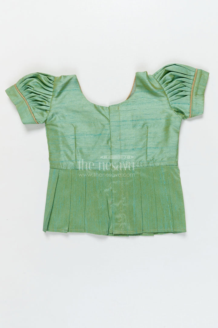 The Nesavu Pattu Pavadai Ethnic Lotus Print Baby Pattu Pavadai for First Festivals and Milestone Days Nesavu 18 (2Y) / Turquoise / Banarasi GPP365B-18 Nesavu lotus print baby girl pattu pavadai with wrap blouse for Diwali and festive wear