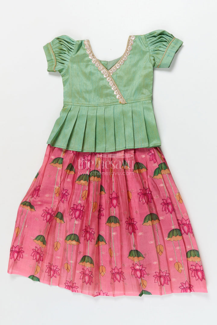 The Nesavu Pattu Pavadai Ethnic Lotus Print Baby Pattu Pavadai for First Festivals and Milestone Days Nesavu 18 (2Y) / Turquoise / Banarasi GPP365B-18 Nesavu lotus print baby girl pattu pavadai with wrap blouse for Diwali and festive wear