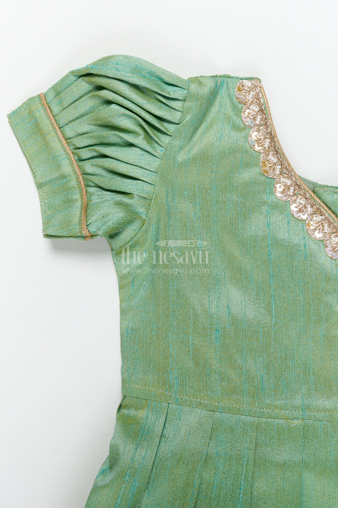 The Nesavu Pattu Pavadai Ethnic Lotus Print Baby Pattu Pavadai for First Festivals and Milestone Days Nesavu 18 (2Y) / Turquoise / Banarasi GPP365B-18 Nesavu lotus print baby girl pattu pavadai with wrap blouse for Diwali and festive wear