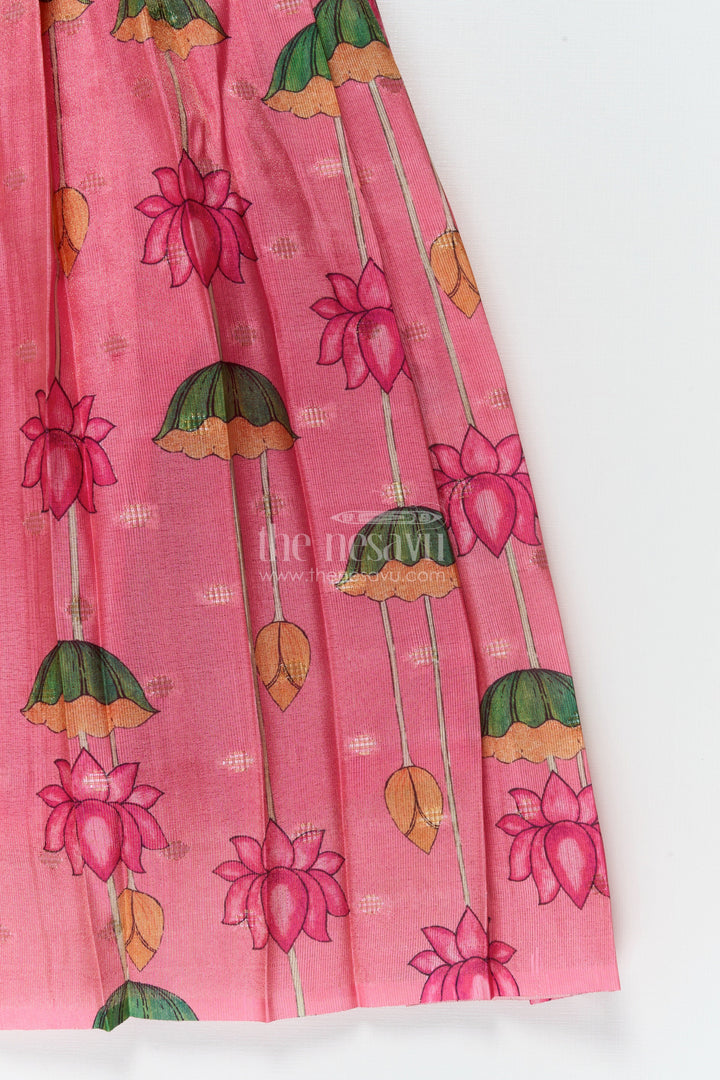 The Nesavu Pattu Pavadai Ethnic Lotus Print Baby Pattu Pavadai for First Festivals and Milestone Days Nesavu 18 (2Y) / Turquoise / Banarasi GPP365B-18 Nesavu lotus print baby girl pattu pavadai with wrap blouse for Diwali and festive wear