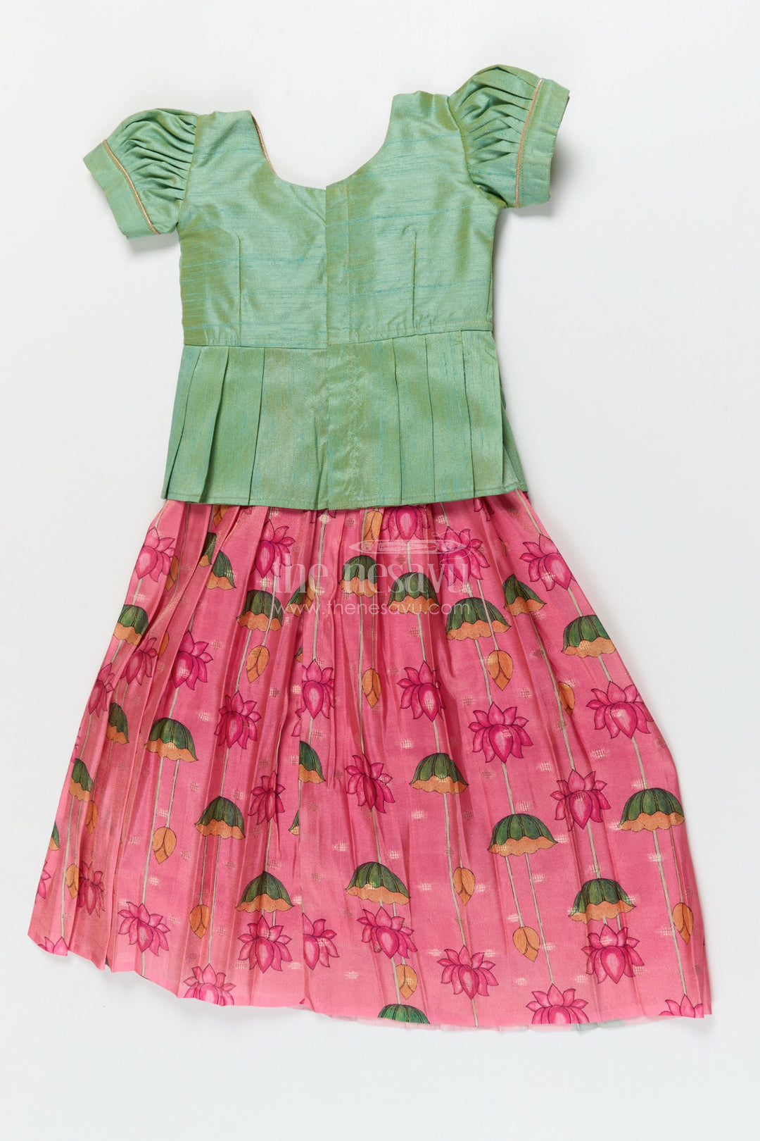 The Nesavu Pattu Pavadai Ethnic Lotus Print Baby Pattu Pavadai for First Festivals and Milestone Days Nesavu 18 (2Y) / Turquoise / Banarasi GPP365B-18 Nesavu lotus print baby girl pattu pavadai with wrap blouse for Diwali and festive wear