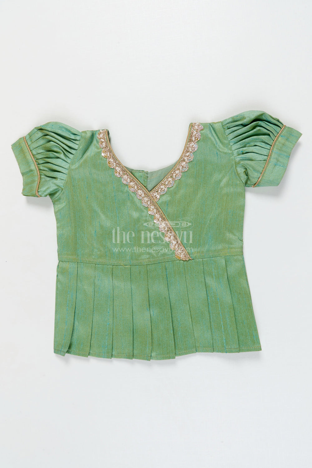 The Nesavu Pattu Pavadai Ethnic Lotus Print Baby Pattu Pavadai for First Festivals and Milestone Days Nesavu 18 (2Y) / Turquoise / Banarasi GPP365B-18 Nesavu lotus print baby girl pattu pavadai with wrap blouse for Diwali and festive wear