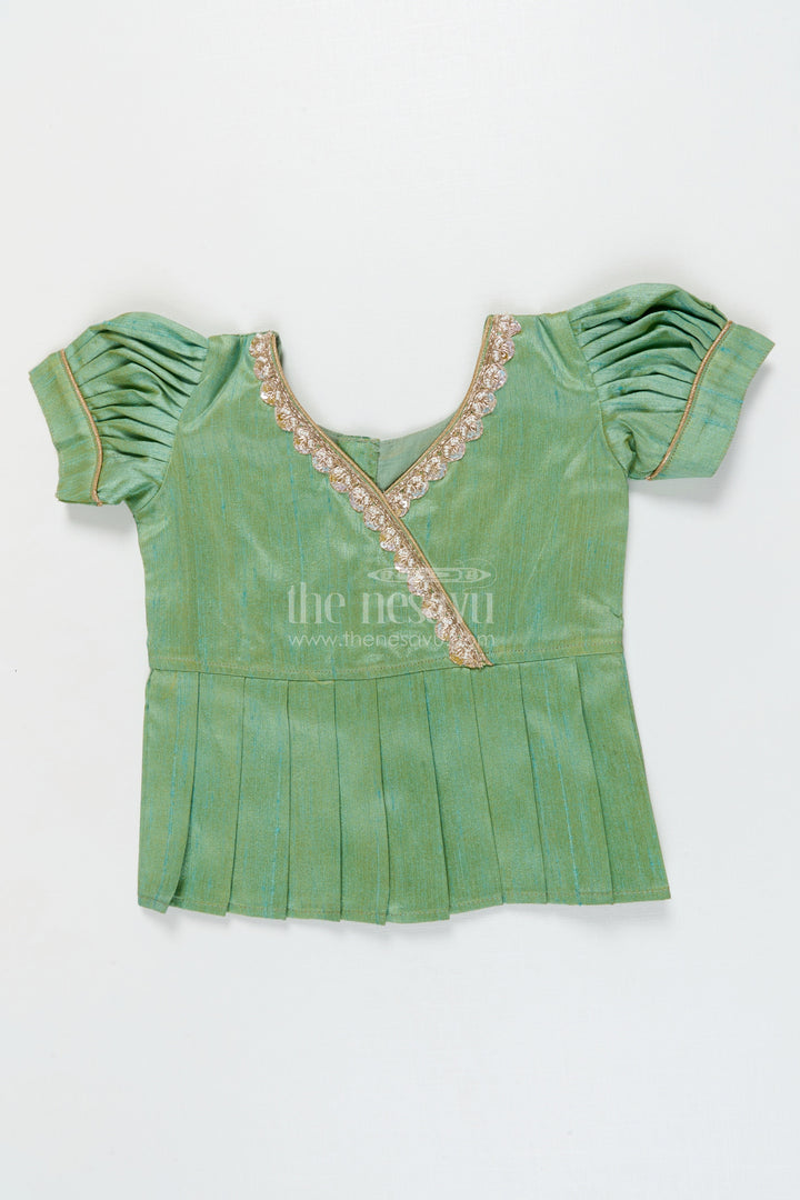 The Nesavu Pattu Pavadai Ethnic Lotus Print Baby Pattu Pavadai for First Festivals and Milestone Days Nesavu 18 (2Y) / Turquoise / Banarasi GPP365B-18 Nesavu lotus print baby girl pattu pavadai with wrap blouse for Diwali and festive wear