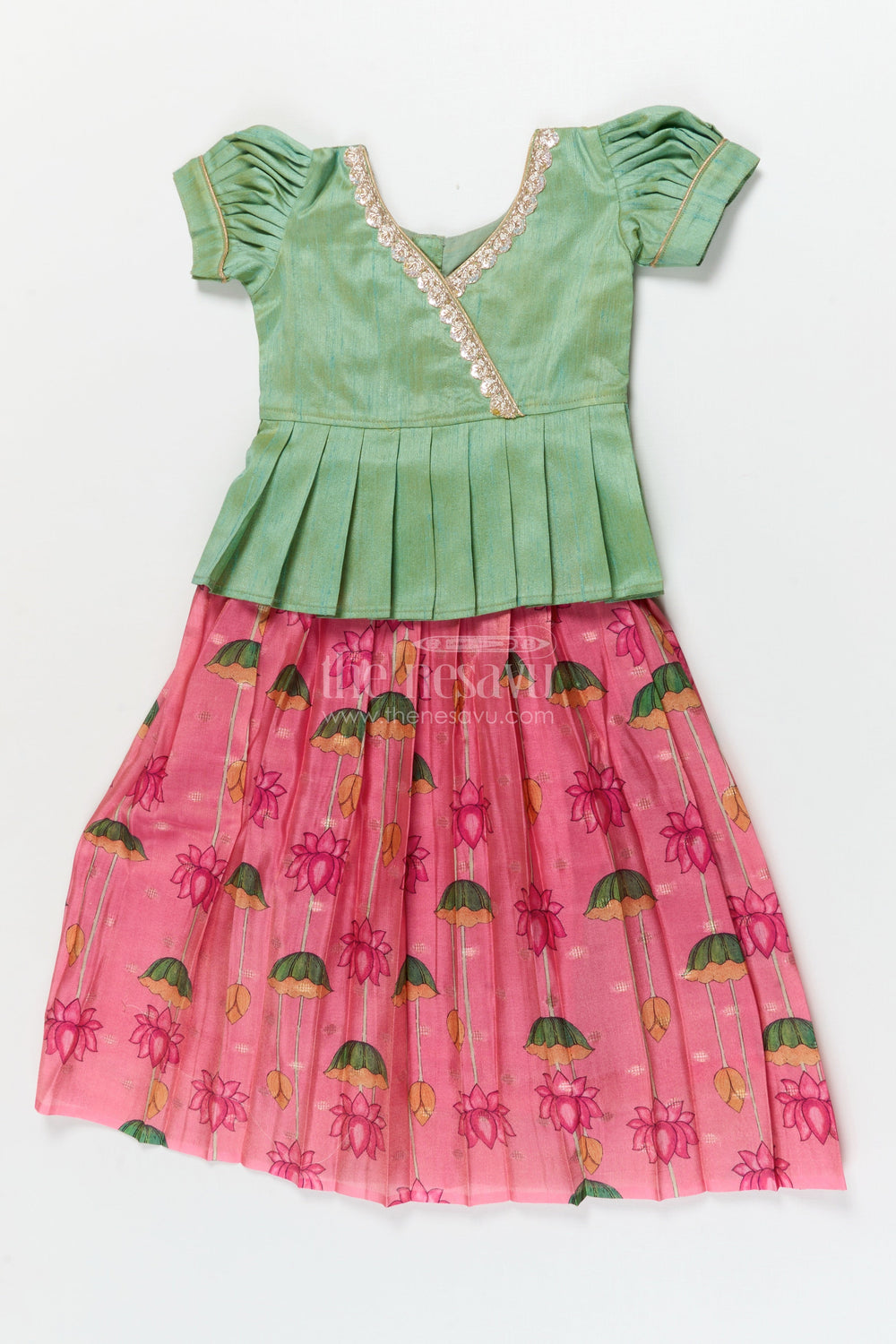 The Nesavu Pattu Pavadai Ethnic Lotus Print Baby Pattu Pavadai for First Festivals and Milestone Days Nesavu 18 (2Y) / Turquoise / Banarasi GPP365B-18 Nesavu lotus print baby girl pattu pavadai with wrap blouse for Diwali and festive wear