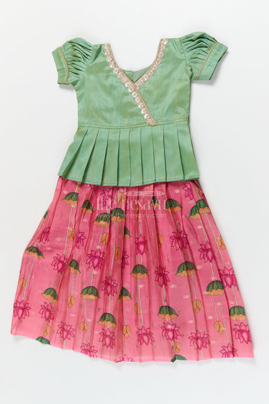 The Nesavu Pattu Pavadai Ethnic Lotus Print Baby Pattu Pavadai for First Festivals and Milestone Days Nesavu 18 (2Y) / Turquoise / Banarasi GPP365B-18 Nesavu lotus print baby girl pattu pavadai with wrap blouse for Diwali and festive wear