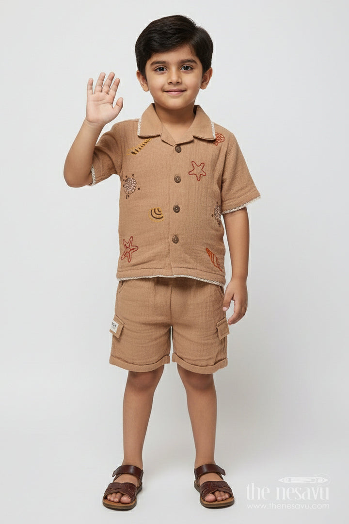 The Nesavu Boys Casual Set Ethnic Muslin Cotton Casual Short Set for Boys with Thread Embroidery Nesavu 16 (1Y) / Brown BCS489B-16 Nesavu boys muslin cotton short set ethnic embroidery  casual festive wear