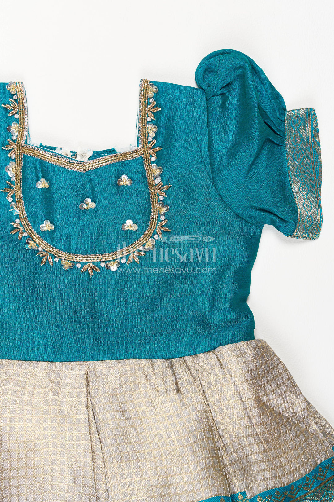 The Nesavu Silk Party Frock Ethnic Party Frock for Girls in Blue for Celebrations and Photos Nesavu Nesavu Ethnic Party Frock For Girls In Blue For Celebration Styling