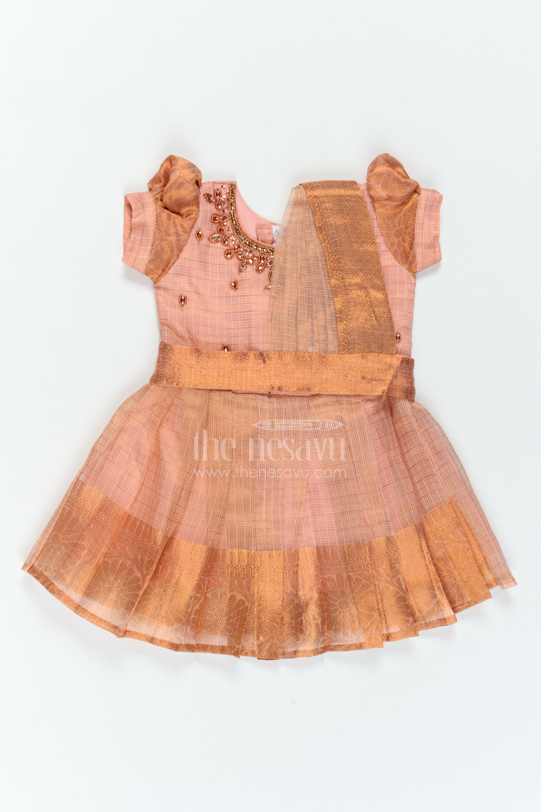 The Nesavu Silk Party Frock Ethnic Party Frock for Girls in Peach for Celebrations and Photos Nesavu 18 (2Y) / Peach / Silk Blend SF1220A-18 Nesavu Ethnic Party Frock For Girls With Statement Border For Weddings SF1220A-18
