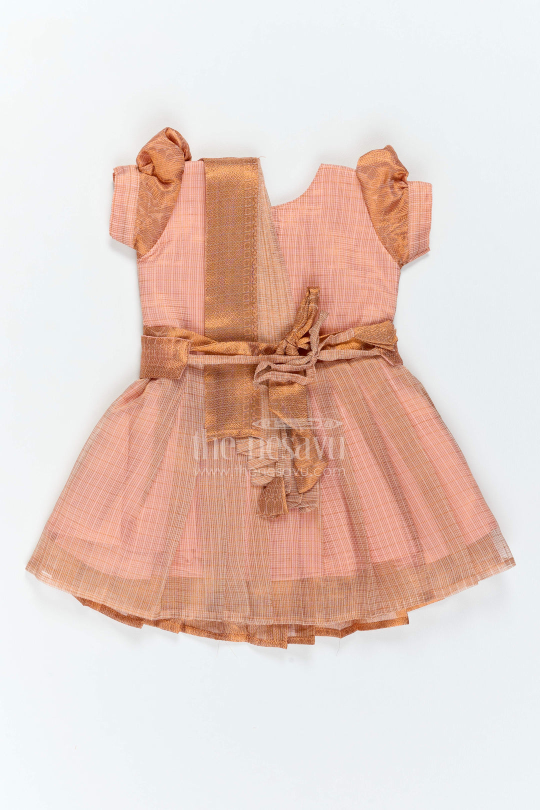 The Nesavu Silk Party Frock Ethnic Party Frock for Girls in Peach for Celebrations and Photos Nesavu Nesavu Ethnic Party Frock For Girls With Statement Border For Weddings