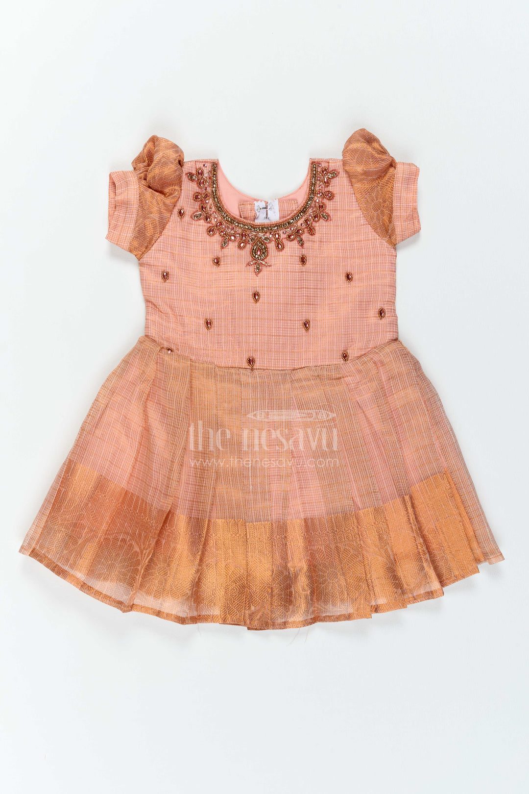 The Nesavu Silk Party Frock Ethnic Party Frock for Girls in Peach for Celebrations and Photos Nesavu Nesavu Ethnic Party Frock For Girls With Statement Border For Weddings