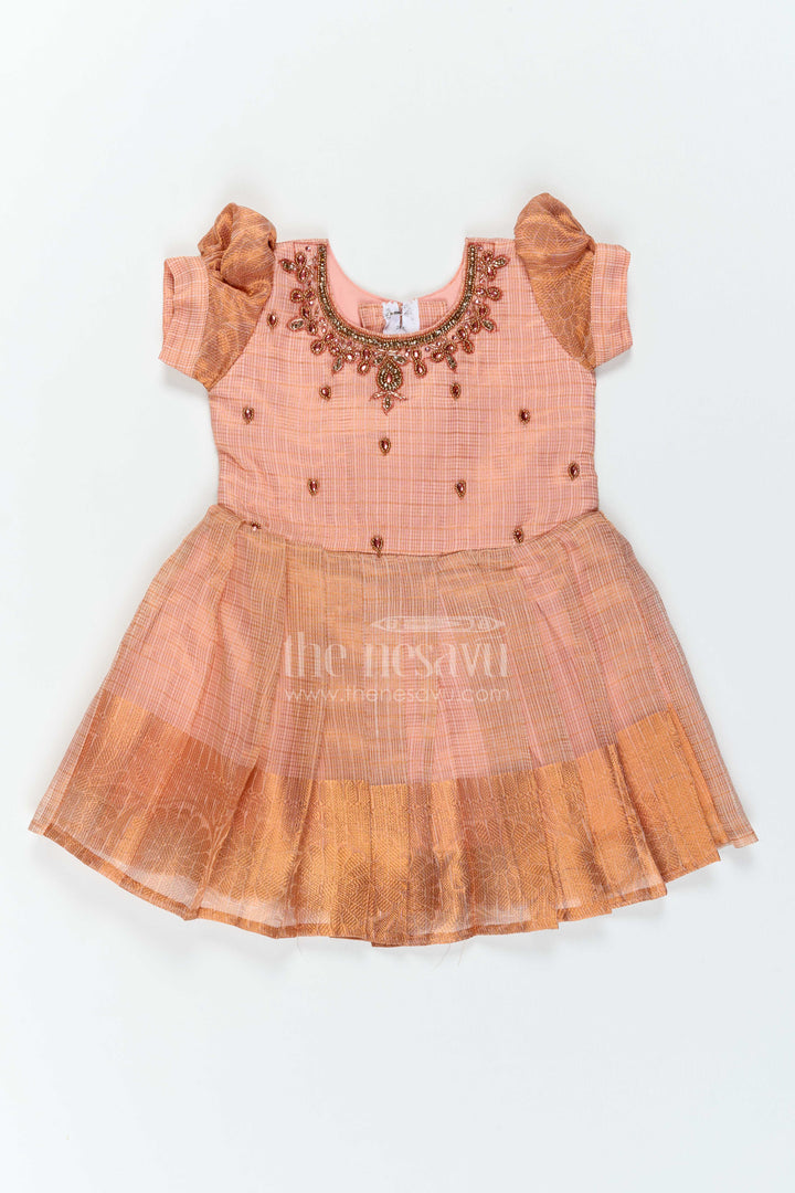 The Nesavu Silk Party Frock Ethnic Party Frock for Girls in Peach for Celebrations and Photos Nesavu Nesavu Ethnic Party Frock For Girls With Statement Border For Weddings